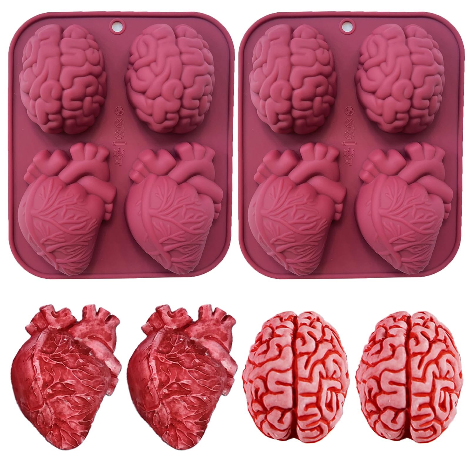 Copzievkae 2PCS Brain Heart Silicone Molds, 4 Cavity Human Brain ...