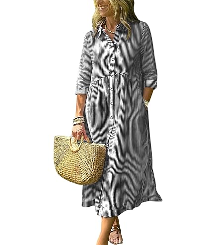 Women Summer Striped Button Down Long Maxi Dress Loose Fit 3/4 Sleeve Cotton Caftan Shirt Dress with Pocket(Red-XS) at Amazon Women's Clothing store