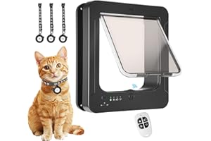 BROTEX Smart Cat Door for Interior & Exterior, Cat Pet Door with 3 Collar Sensor Keys & 1 Remote Control & 4 Way Locking Cat Flap with RFID Collar Activated Opening Cat Door (Black)