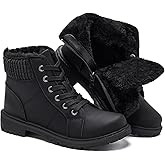 Uoidru Combat Boots For Women Ankle Booties Black Winter Snow Boots White Lace Up Boots Comfort Fuzzy Boot Side Zipper Short Boots