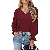 Aifer Womens Blouses Dressy Casual Tops V Neck Ruffle Balloon Long Sleeve Shirts Elegant Business Casual Outifts