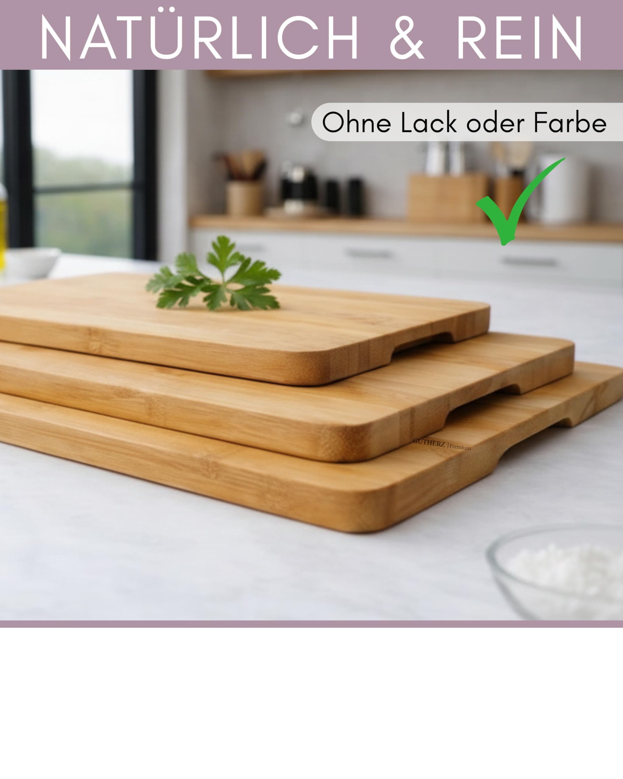 Gutherz® Bambus Schneidebrett aus Holz - 3er Set- Natürlich- ohne Lack | Antibakteriell | 38x25 / 30x20/ 22x15 | Vorgeölt- Sofort Einsatzbereit, Langlebig & Messerfreundlich| Holzbrett 1,5 cm Dick 3