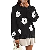 MEROKEETY Women's 2025 Fall Floral Sweater Cute Long Lantern Sleeve Crewneck Knit Pullover Tops