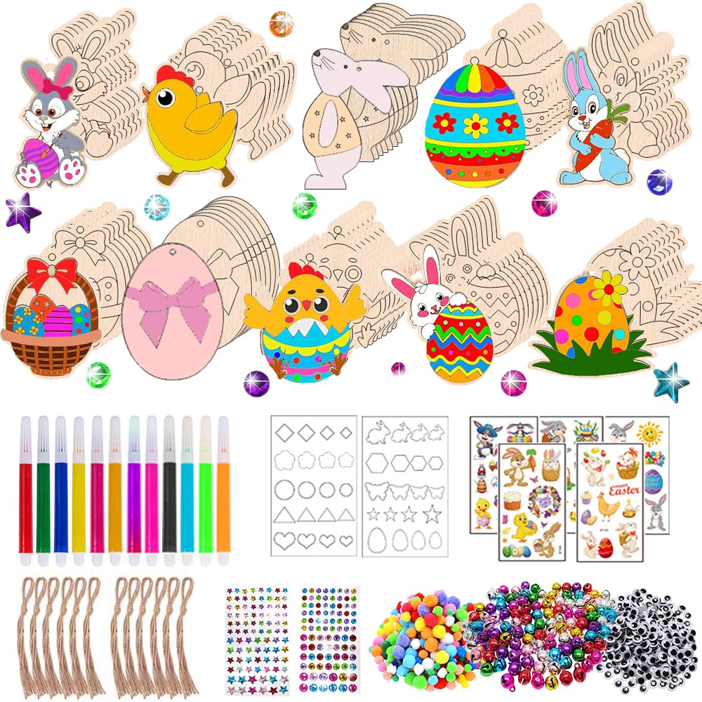 Wooden Easter Pendants for Painting, 291 Pieces Craft Set for Children, Easter Pendant Wood, with Watercolour Pen, Rhinestones, Decorative Cord, Eyes, Easter Stickers