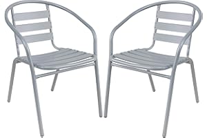 BTEXPERT Indoor Outdoor Set of 2 Silver Gray Restaurant Metal Aluminum Slat Stack Chairs Lightweight