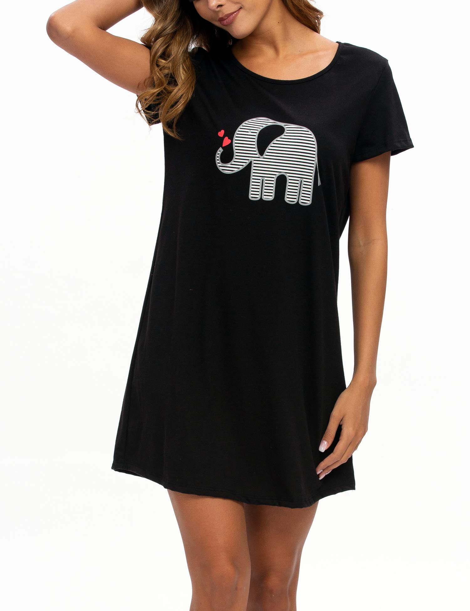 ENJOYNIGHT Womens Cotton Nightgown Short Sleeves Sleepwear Casual Print Sleepshirts (Black, Large/X-Large)