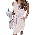 MEROKEETY Womens 2025 Summer Sleeveless Striped T Shirt Dress Casual Crew Neck Tie Waist Mini Dresses