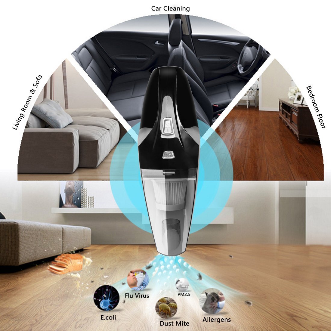 Handstaubsauger 12V 120W Wiederaufladbare Handheld Akkustaubsauger Nass & Trocken Autostaubsauger Li-Ionen-Akku Staubsauger für Staub und Flüssigkeiten geeignet, Akkustaubsauger für Auto,Haus - Schwarz