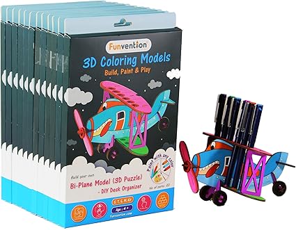Funvention Bi-Plane - 3D Coloring Model (Pack of 12) - DIY Desk Organizer Pen Stand - STEM Leanring 3D Puzzle Toy - Art, Coloring and Painting Kit for Kids - Birthday Return Gift,Party Pack for Kids