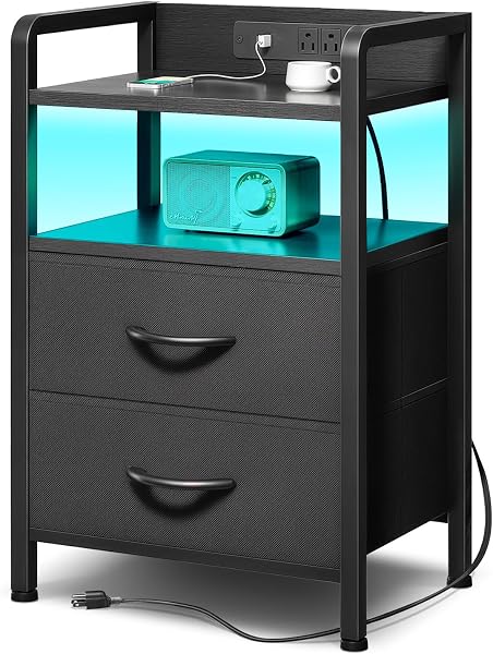 Lazzanto Nightstand with Rear Charging Station, LED Light, 2 Drawers, Black | Industrial Nightstand, 2 USB-A Ports & AC Outle