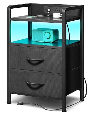 Lazzanto Night Stand Bedside Charger Bedroom - Nightstand with Charging Station & LED Light Strip, Night Stand with Storage Shelf & 2 Fabric Drawers, Morden End Table with U-S-B Ports & AC Outlets