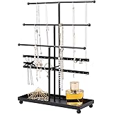 MyGift Modern 3-Tier Metal Jewelry Organizer Stand - Matte Black Jewelry Storage Display with Ring Tray, 18 Earring Hooks & 5 T-Bars for Necklaces, Bracelets, Earrings - Home/Boutique Use