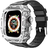 DGYSG Luxury Metal Case with FKM Band Compatible for Apple Watch Ultra 3/2/1 49mm Titanium, Rugged Military Protective Designer Cover, Heavy Duty Tactical Protection for Men iWatch, Silver
