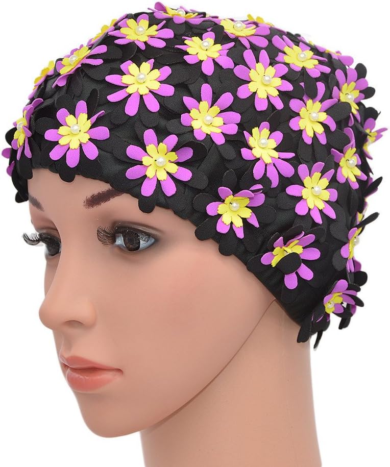 Medifier Swim cap Floral Petal Retro Style Bathing Caps for Women Black - Image 5