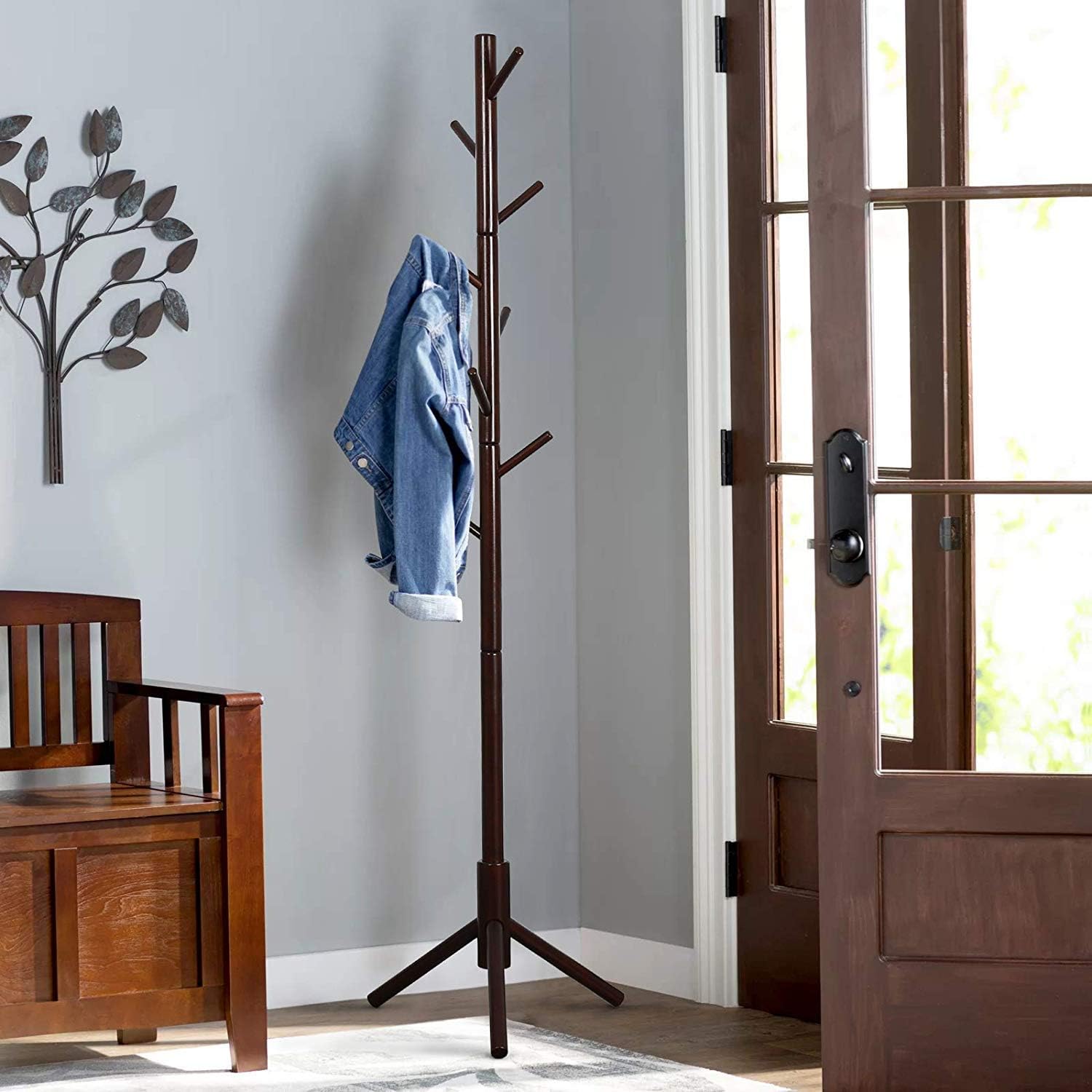 Vlush Coat Rack Hanger, Sturdy Wooden Coat Rack Stand, Entryway Hall Tree Coat Tree with Solid Base for Hat,Clothes,Purse,Scarves,Handbags,Umbrella (Brown)