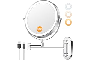 Auxmir 1X/30X Wall Mounted Makeup Mirror with Light, 8" Rechargeable Double-Sided Magnifying Mirror, Vanity Mirror Dimmable 3 Color Light, 360° Extension Rotation Foldable 14.5 Inch Arm, Chrome