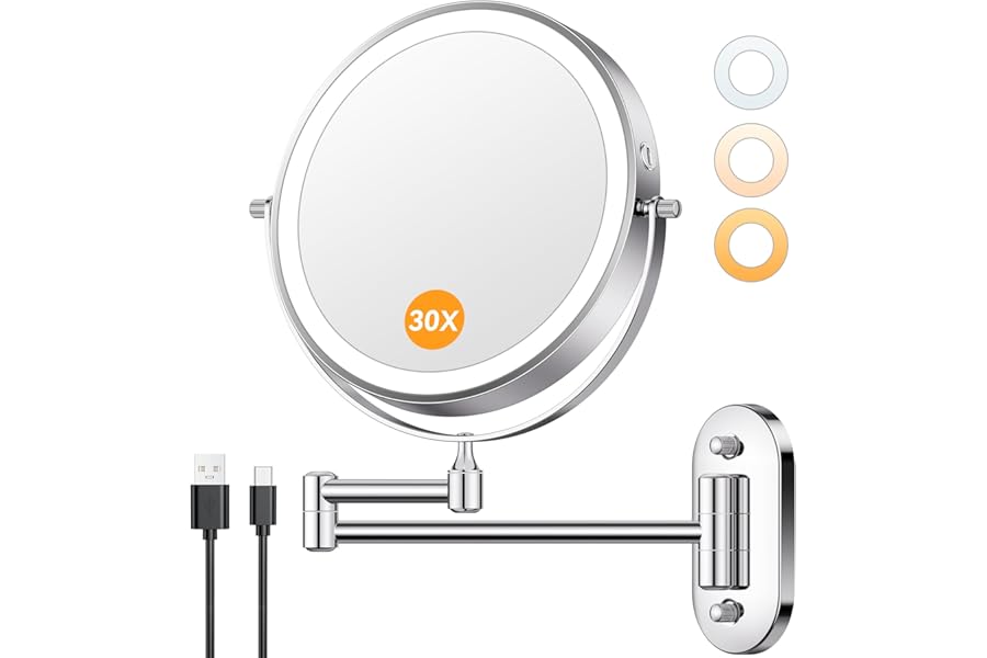 Auxmir 1X/30X Wall Mounted Makeup Mirror with Light, 8″ Rechargeable Double-Sided Magnifying Mirror, Vanity Mirror Dimmable 3 Color Light, 360° Extension Rotation Foldable 14.5 Inch Arm, Chrome