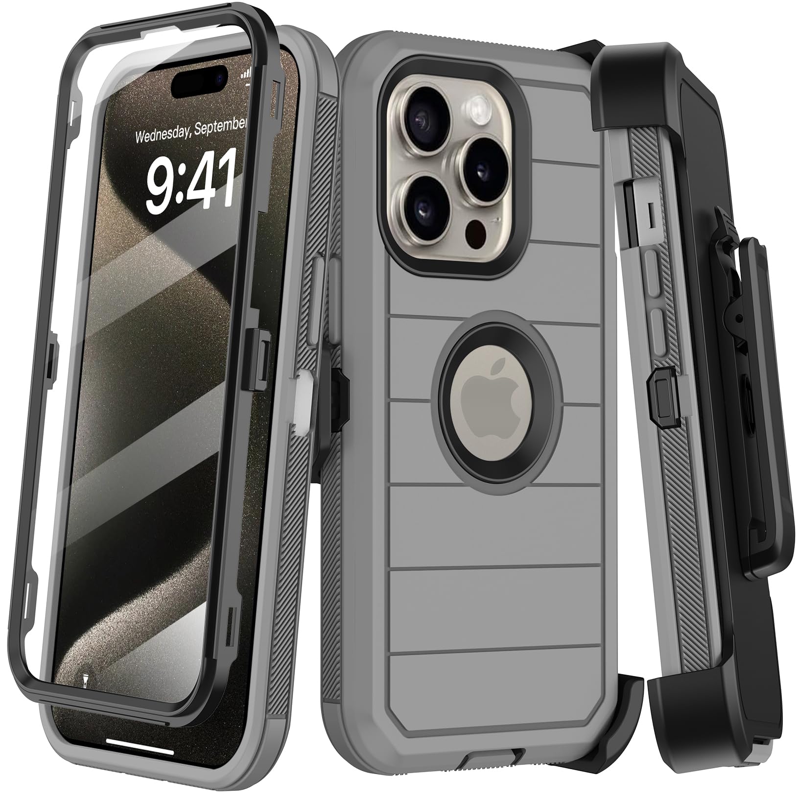 for iPhone 15 Pro Max Case with Belt Clip Holster,Built-in Screen Protector,Heavy Duty Shockproof Drop Protection Military Grade 3 Layers Rugged Phone Cover with Kickstand for Apple 15 ProMax (Gray)