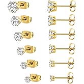 MDFUN 6 Pairs Stud Earrings Sets 3-8MM 18K Gold Plated Round 5A+ Cubic Zirconia Earrings Hypoallergenic CZ 6 Prong Ears Jewelry for Women
