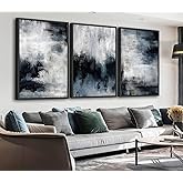 Large Framed Abstract Wall Art - Natural Framed Rustic Blue Canvas Pictures for Living Room Modern Canvas Prints for Bedroom Black Float Frame Art for Home Office Kitchen Decor 16" X 24" X 3pcs