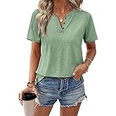 TICTICMIMI Women's V Neck Short Sleeve Tops Summer Casual Cute Loose Fit Button T Shirts