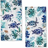 JLSTK Sea Turtle Bath Hand Towels Set of 2 Absorbent Blue Watercolor Art Fish Ocean Bathroom Kitchen Towels Set of 2 Face Towels for Bathroom Gym Hotel Sport Decor Gifts for Women Man 14"x28"