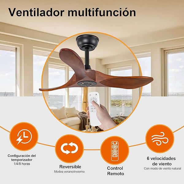 BOJUE 36 INCH SOLID WOOD CEILING FANS WITHOUT LIGHTS, 6 SPEEDS,REVERSIBLE DC MOTOR, NOISELESS, BLACK CEILING FAN NO LIGHT, MODERN INDOOR OUTDOOR CEILING FAN WITH REMOTE FOR PATIO LIVING ROOM BEDROOM