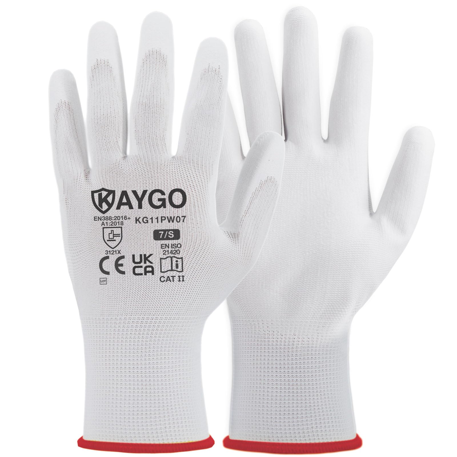 KAYGO Work Gloves PU Coated-12 Pairs, KG11PW, Safety Working Gloves with Secure Grip on Palm & Fingers, for Men and Women, Ideal for General Purpose Light Duty Work, Gardening (Small, White) — image 1
