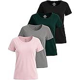 Real Essentials 4 Pack: Women's Cotton Short Sleeve T-Shirt - Casual Scoop Crew Neck Tops Tee (Available in Plus Size)