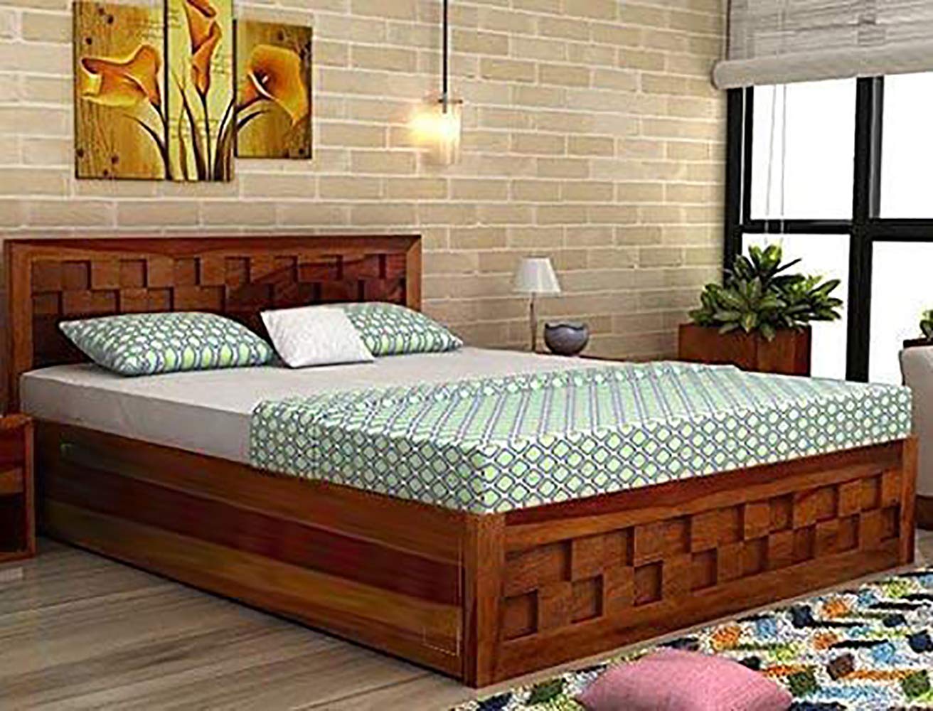 Liza Wood Decor King Size Sheesham Wood Bed with Storage (Honey Teak