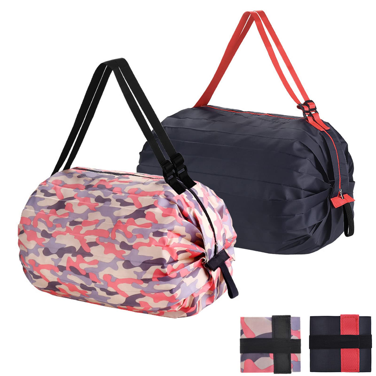 QZDAFFIC 2PCS Tote Bag Handbags for Women, Foldable Shopping Bags with Zip, Reusable Carrier Bags with Handles Hold 15KG Heavy Duty Washable Should Bag for Daily Shopping Excursions Camping