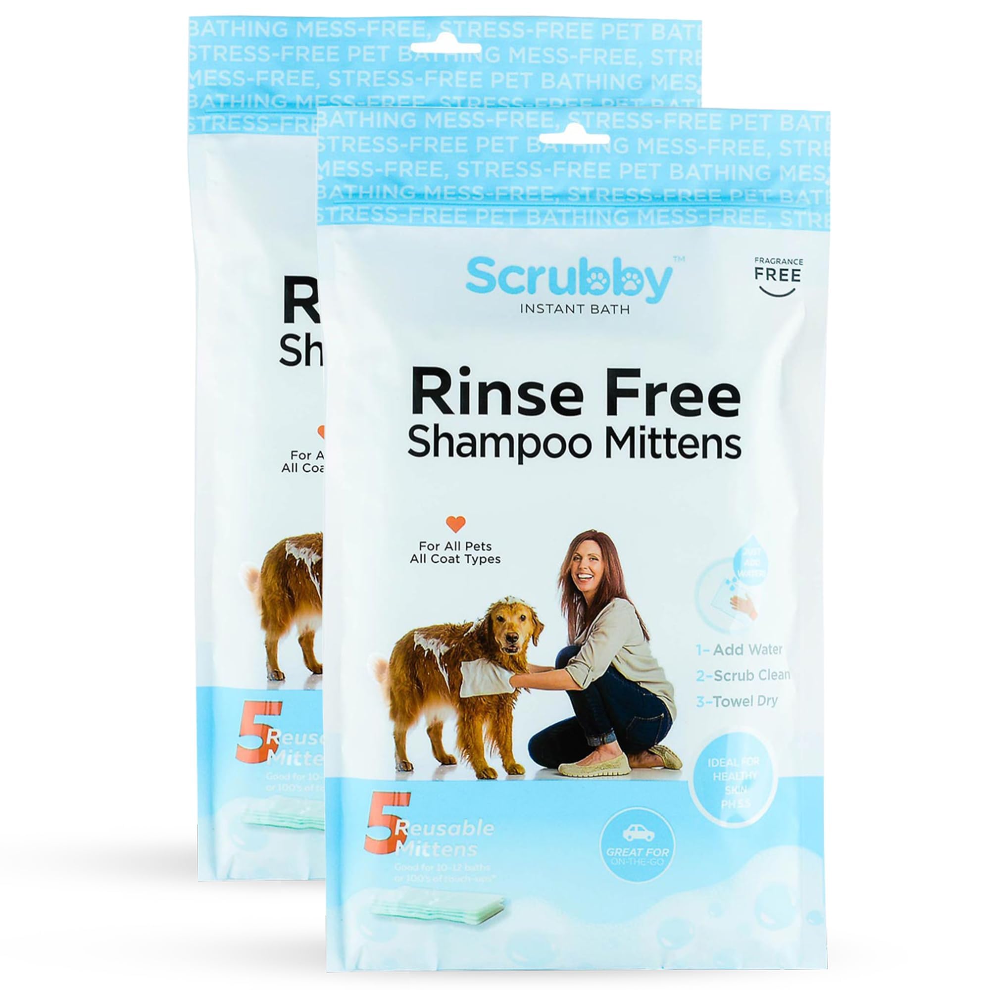 Scrubby Pet No Rinse Pet Wipes, Rinse Free Shampoo Mittens for Dogs and Cats, Bath Wipes for Bathing and Washing Pets, Hypoallergenic No Rinse Wash Mitt for Grooming, Lather Wipe Dry - 10 Pack