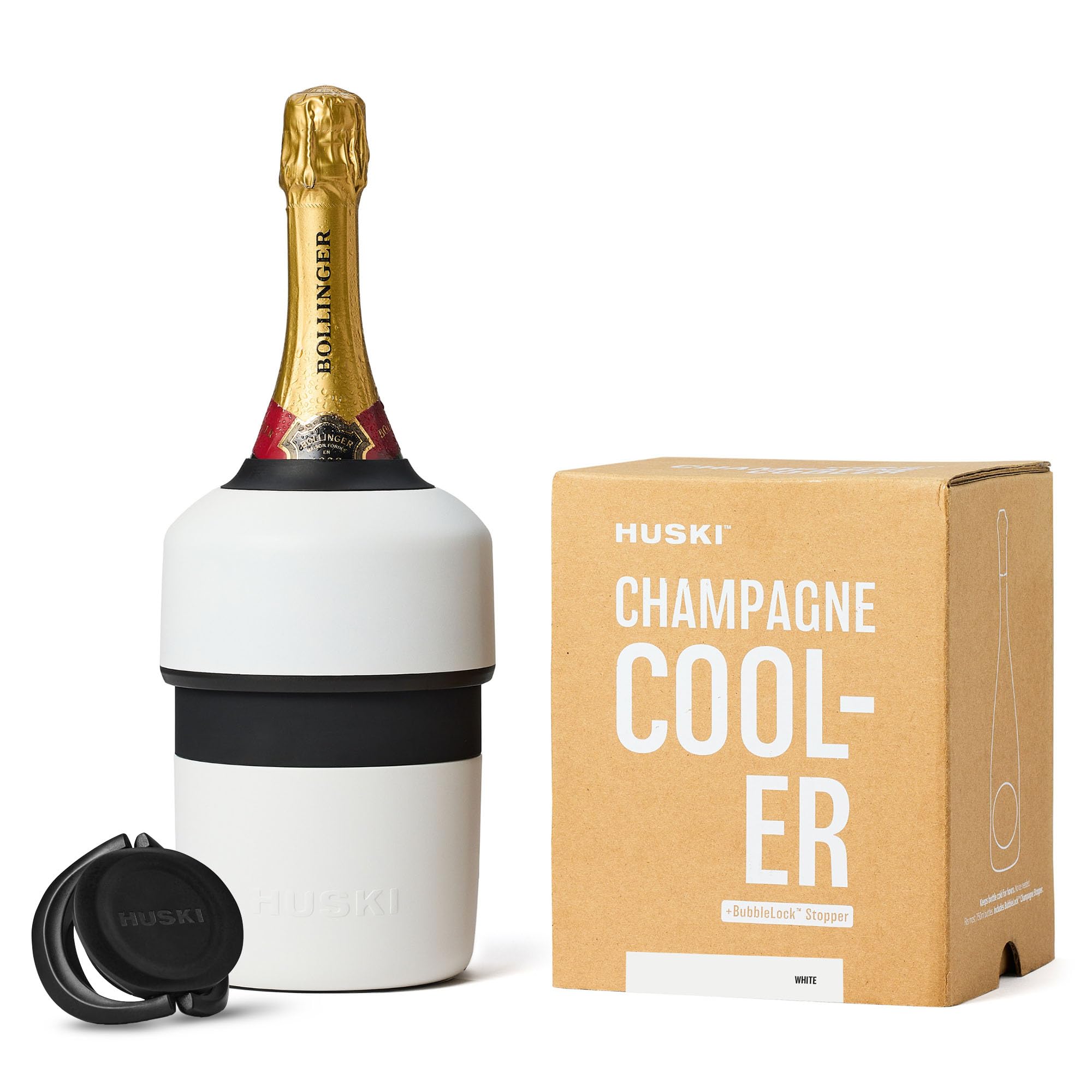 Huski Champagne Cooler | New | Award-Winning Iceless Design with Detachable Bottle Stopper | Keeps Wine Cold up to 6 Hours | Fits Most 750ml Champagne, Prosecco & Sparkling Wine Bottles (White)