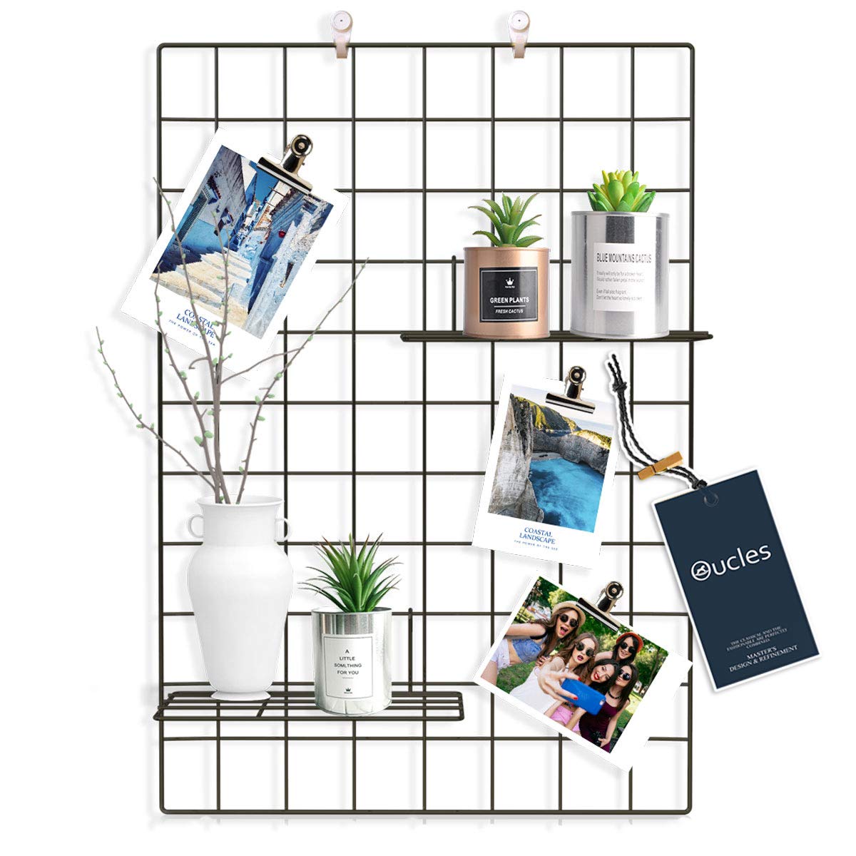 Grid Panel Set of 2, Oucles Grid Mesh Display Panel Decorative Iron Rack Clip Photograph Wall Hanging Picture wall ,Ins Art Display Photo wall, 25.6x17.7 Inches(Black)