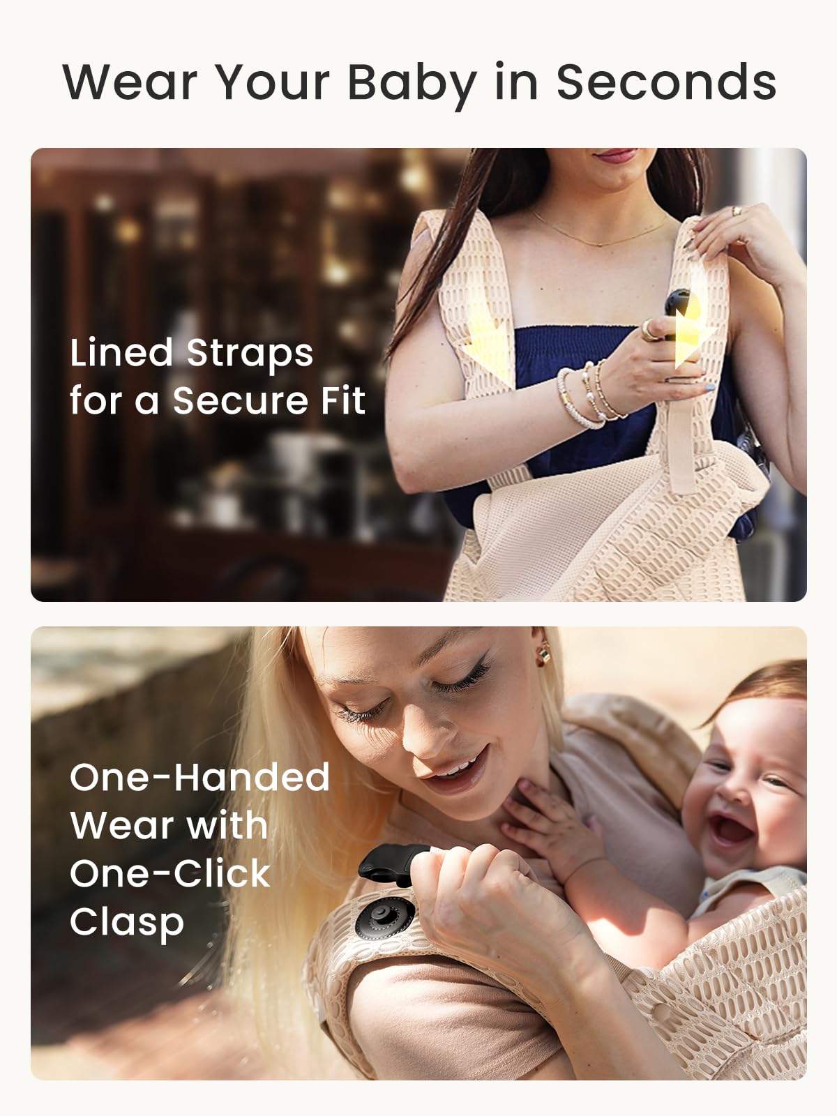 GROWNSY Baby Carrier Newborn to Toddler, Breathable Mesh Carrier(7-44lbs) with One-Click Sliding Clasp, Head Support, Ergonomic Design and Hands-Free Comfort, Almond Beige