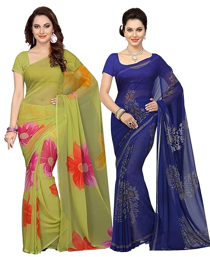 Combo Of 2 Poly Georgette Multicolor Printed Women Saree
