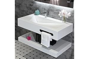 Gesipor 32"x19" Wall Mount Bathroom Vanity with Sink Stone Resin Floating Vanity Sink Rectangular Vessel Sinks for Bathroom White Trough Art Basin with Shelf Layer