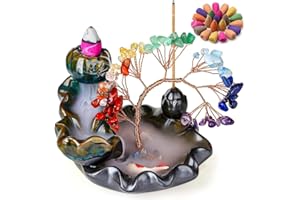 DUQGUHO Incense Holder Ceramic Backflow Incense Waterfall Burner Chakra Crystal Tree with 30 Burner Incense Cones for Room Home Zen Decor Meditation