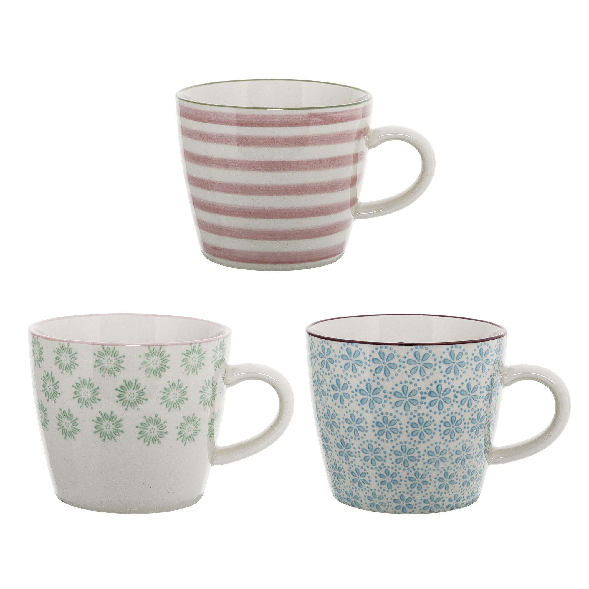 Bloomingville Set of 3 Patrizia Mugs, Blue, Green, Pink, Ceramic, 9.5 cm