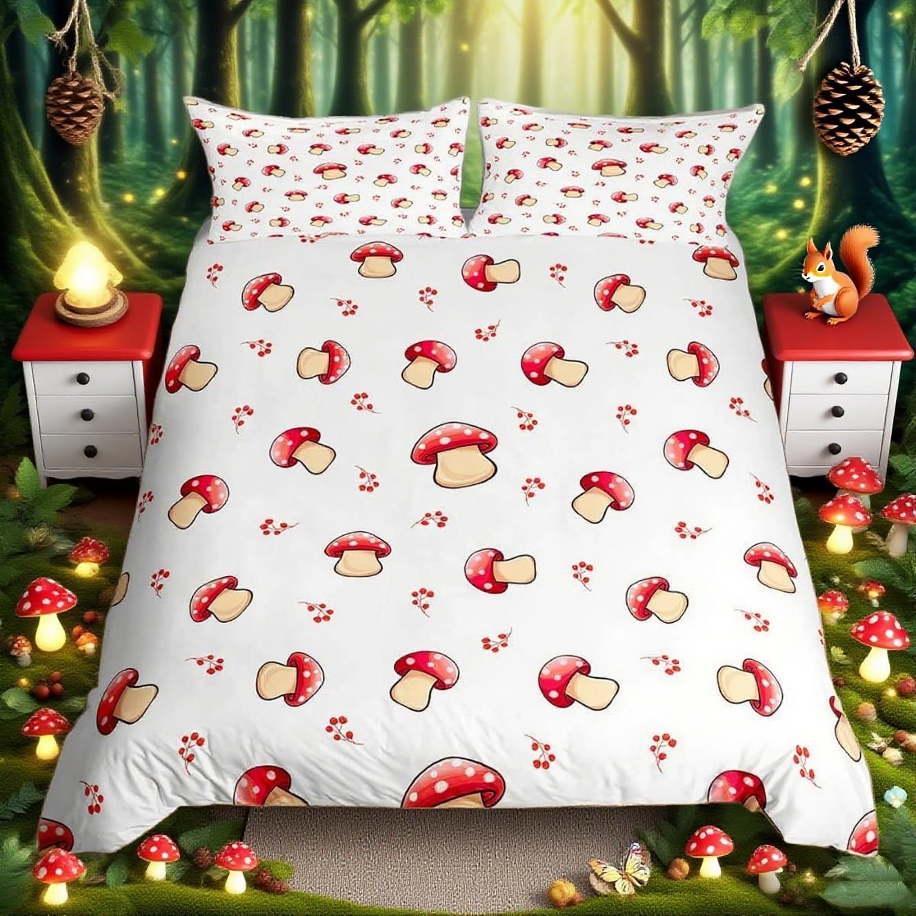 Mushroom Decor Duvet Cover Cute Mushrooms Bedding Set for Kids Boys Girls Teens Kawaii Cartoon Fungus Botanical Plants Decor Comforter Cover Red White Bedspread Cover with 1 Pillow Sham,Single Size — image 1