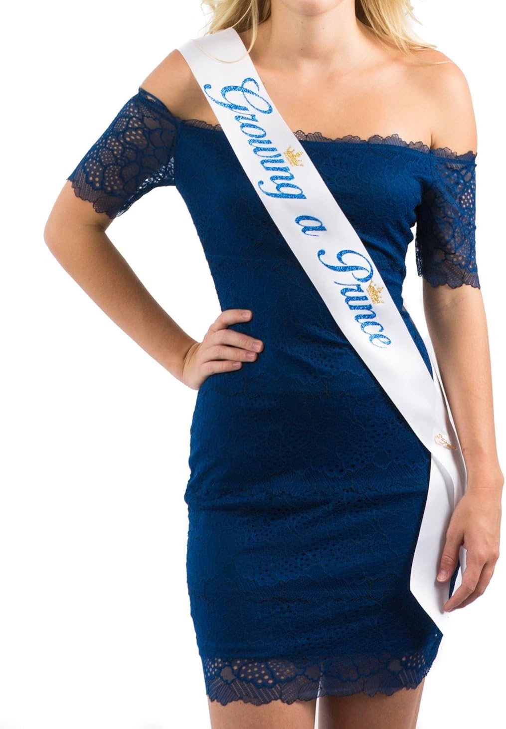 white dress with blue satin sash