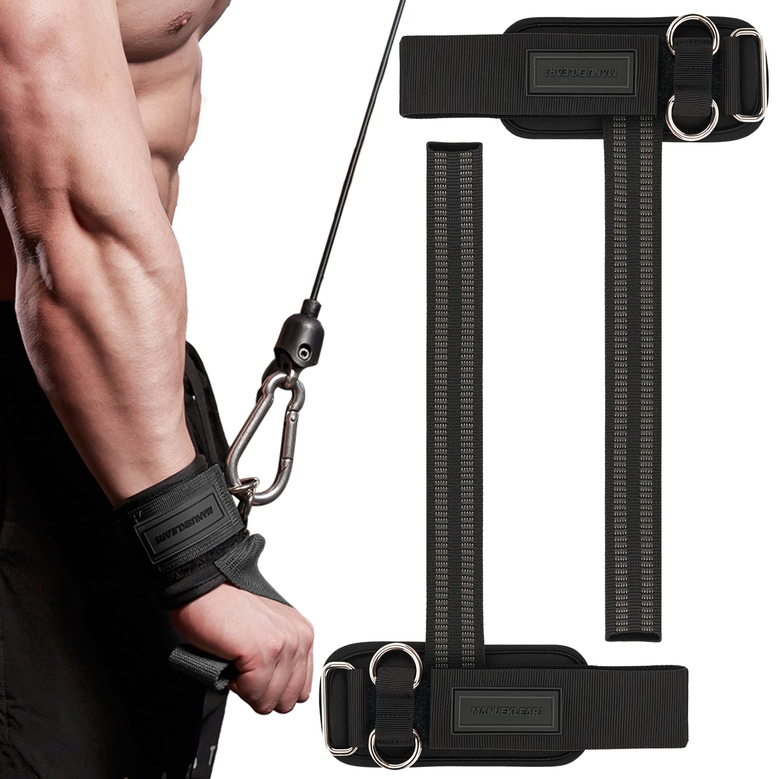 Photo 1 of MANUEKLEAR Non-Slip Wrist Straps for Weightlifting Deadlifting, Gym Lifting Straps with D Rings for Cable Machine Workout, 10mm Neoprene Padded Weight lifting Wrist Wraps for Men Women (Black)