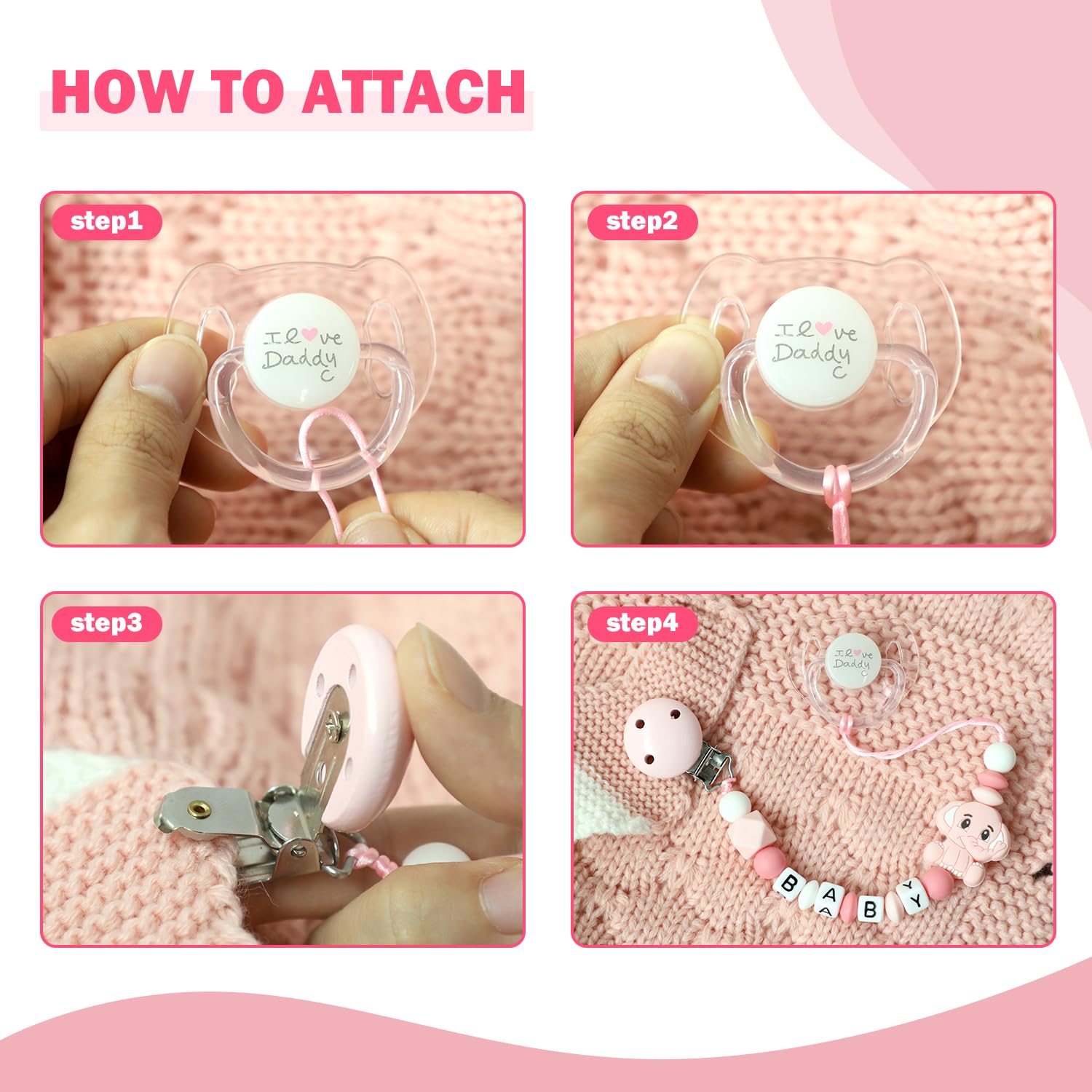 SCOM Reborn Baby Dolls Accessories Set - Rainbow Transparent Magnetic Pacifiers & Removable Reusable Baby Doll Bottles with Silicone Pacifier Clips for Reborn Dolls Girls, Pink Style, 3 Pcs