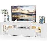 JUMMICO TV Stand with LED Lights, Modern Entertainment Center Media and Open Shelf Console Table Storage Desk with 1 Drawer and Remote Control 20 Color LED Lights up to 70 Inch TV (White)