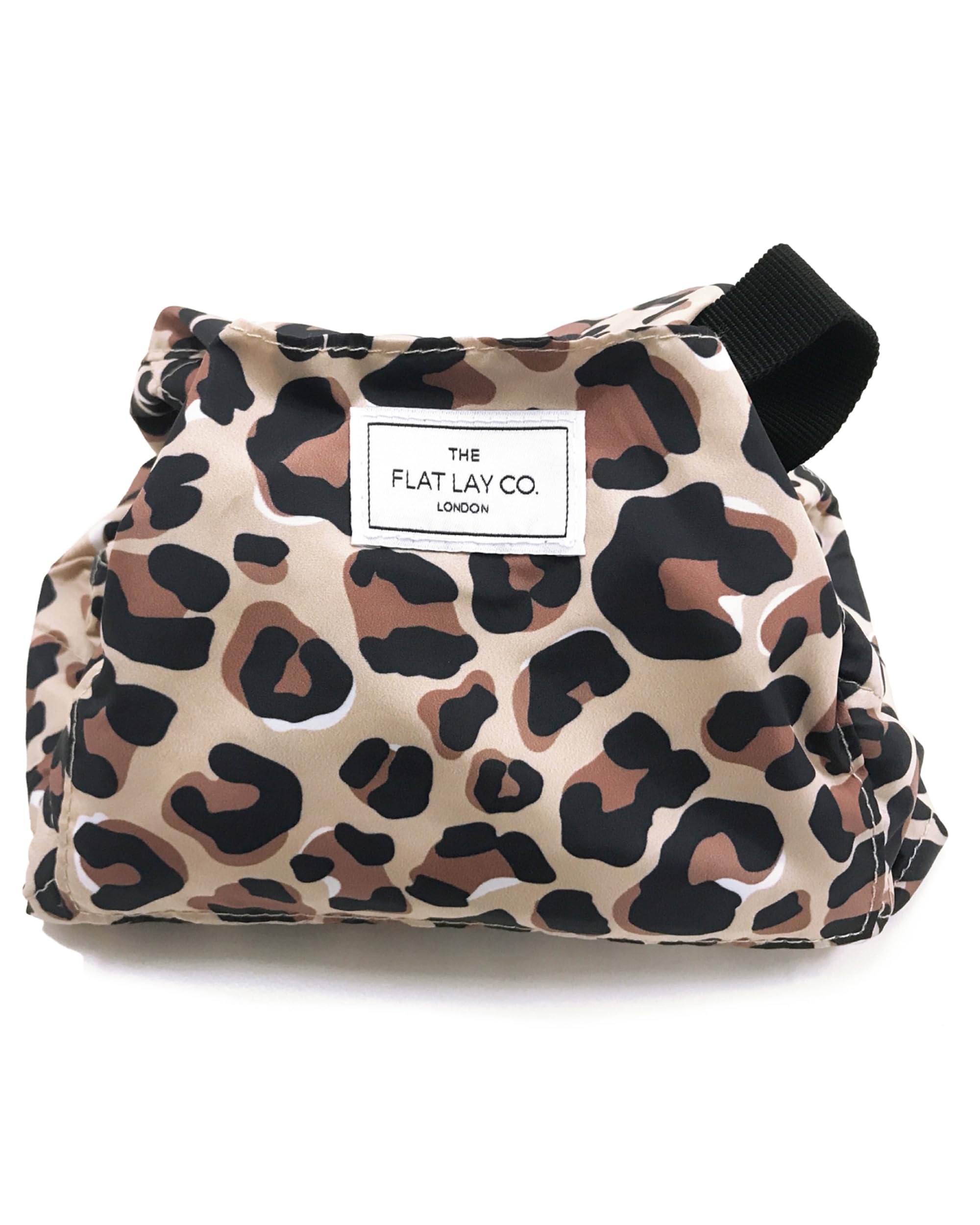 The Flat Lay Co. Makeup Bag - Leopard Travel Drawstring Makeup Bag with Brush Holder & Large Pockets - Cosmetics Organiser Storage for Eyeshadow, Blushes, Lipstick, & Brushes