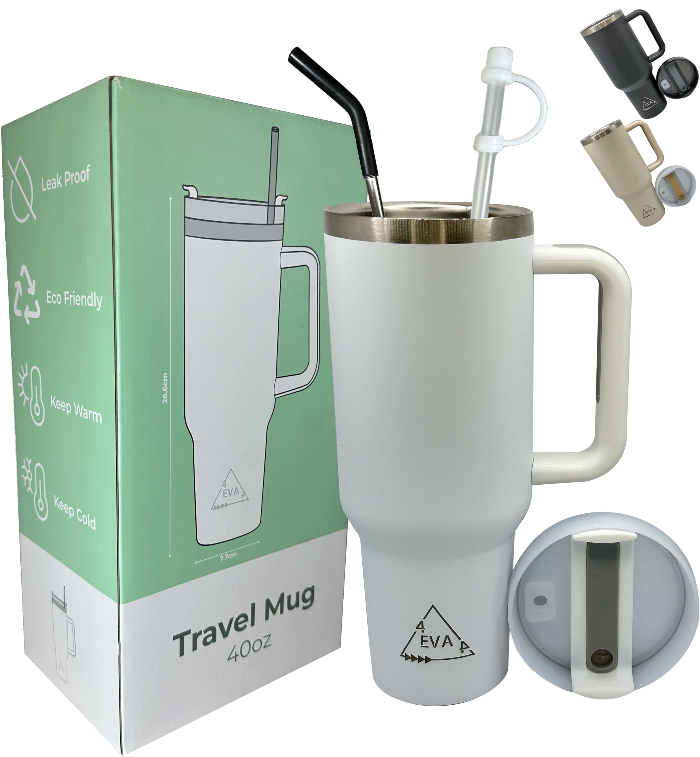 4EVA4 1182ml Travel Mug 40oz Tumbler with Straw and Lid, Stainless Steel Double Wall Vacuum Insulated Coffee Mug for Hot and Cold Coffee, Travel Mug with Handle, Coffee Mug for On The Go (White)