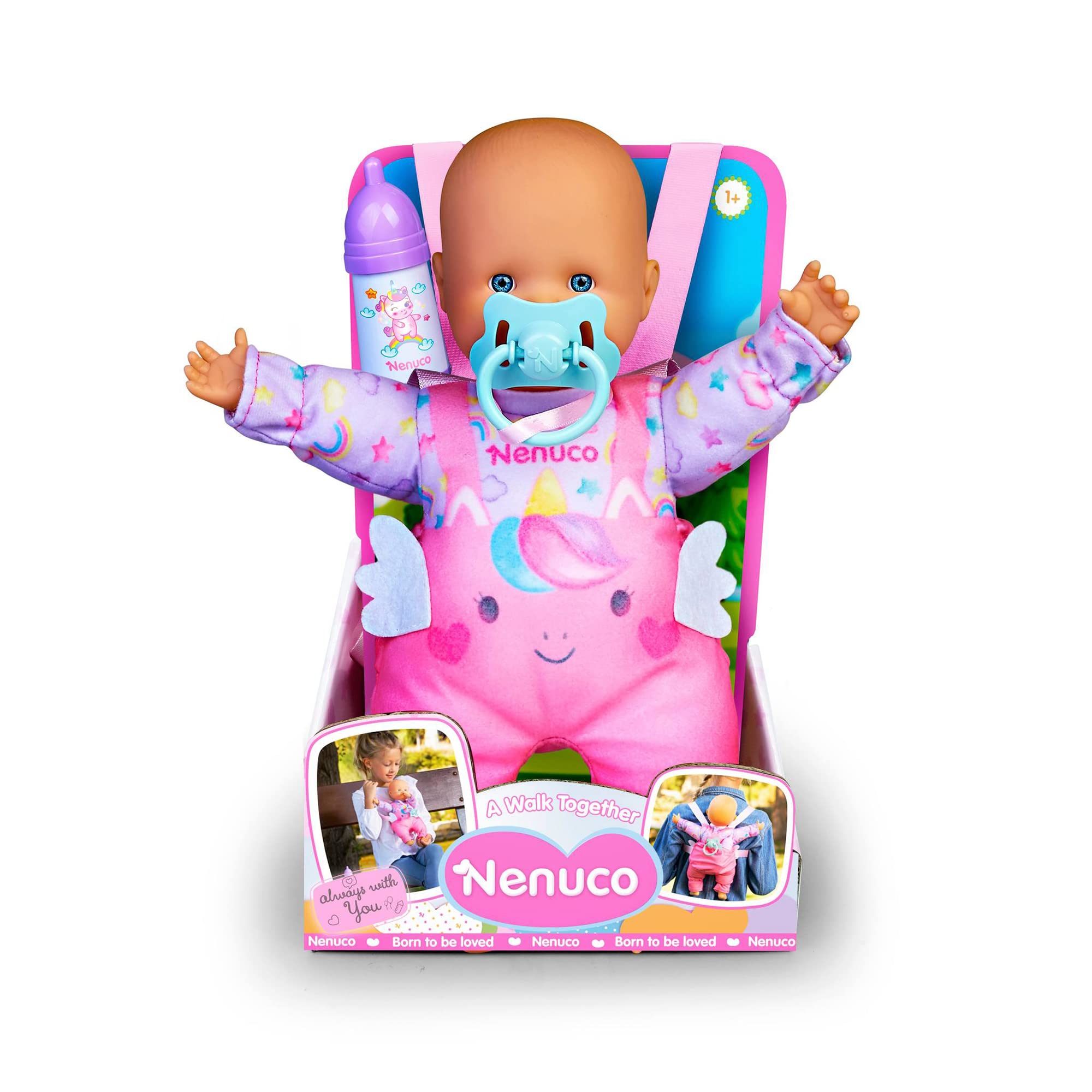 Nenuco - Let's go for a walk, baby doll 35 cm with soft body, accessories and baby carrier to carry with you everywhere, toy for emotional development, children +1, Famosa (NFN23000)