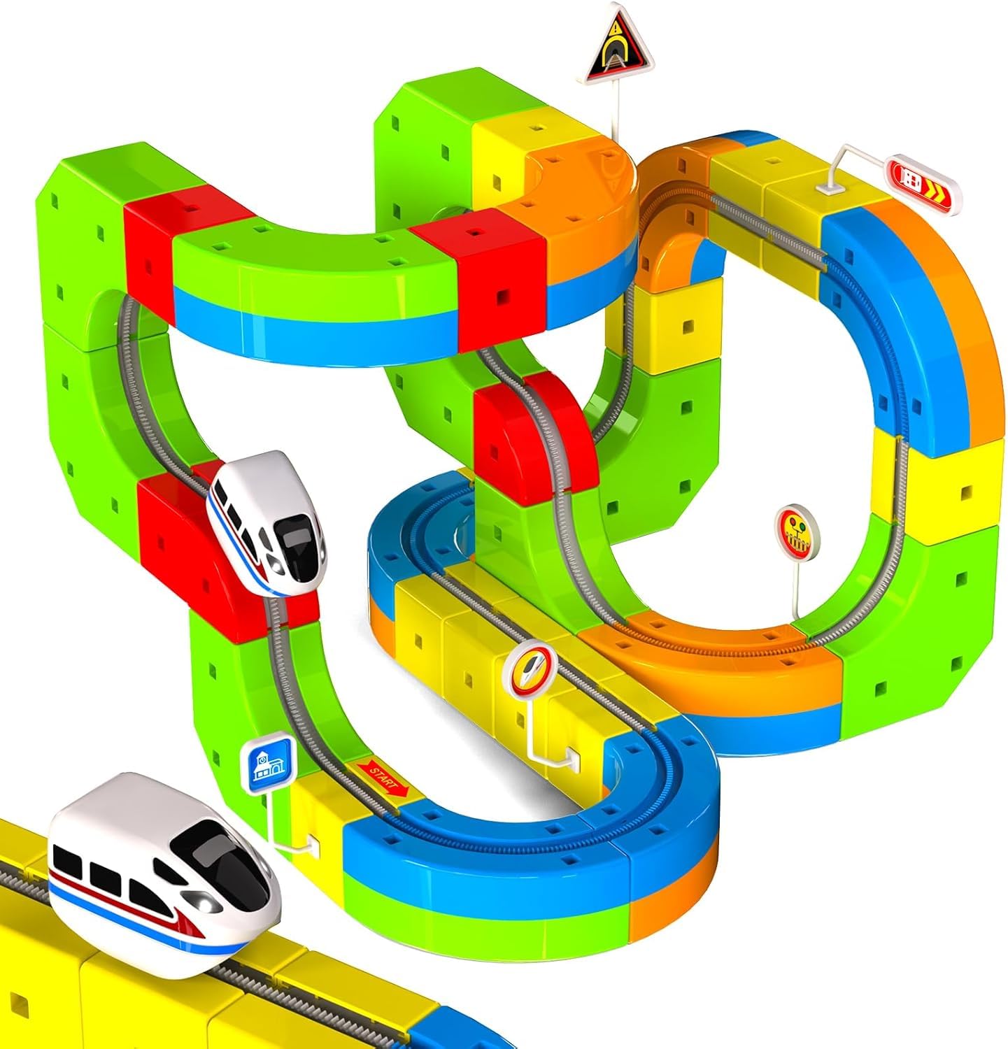 Electric Train Set for Kids 3-10 Years Old, 69Pcs 3D Racing Track with Train, Traffic Signs & Bridge, STEM Building Toys for Boys Girls, Creative Magnetic Tiles Train Set Birthday Easter Gift