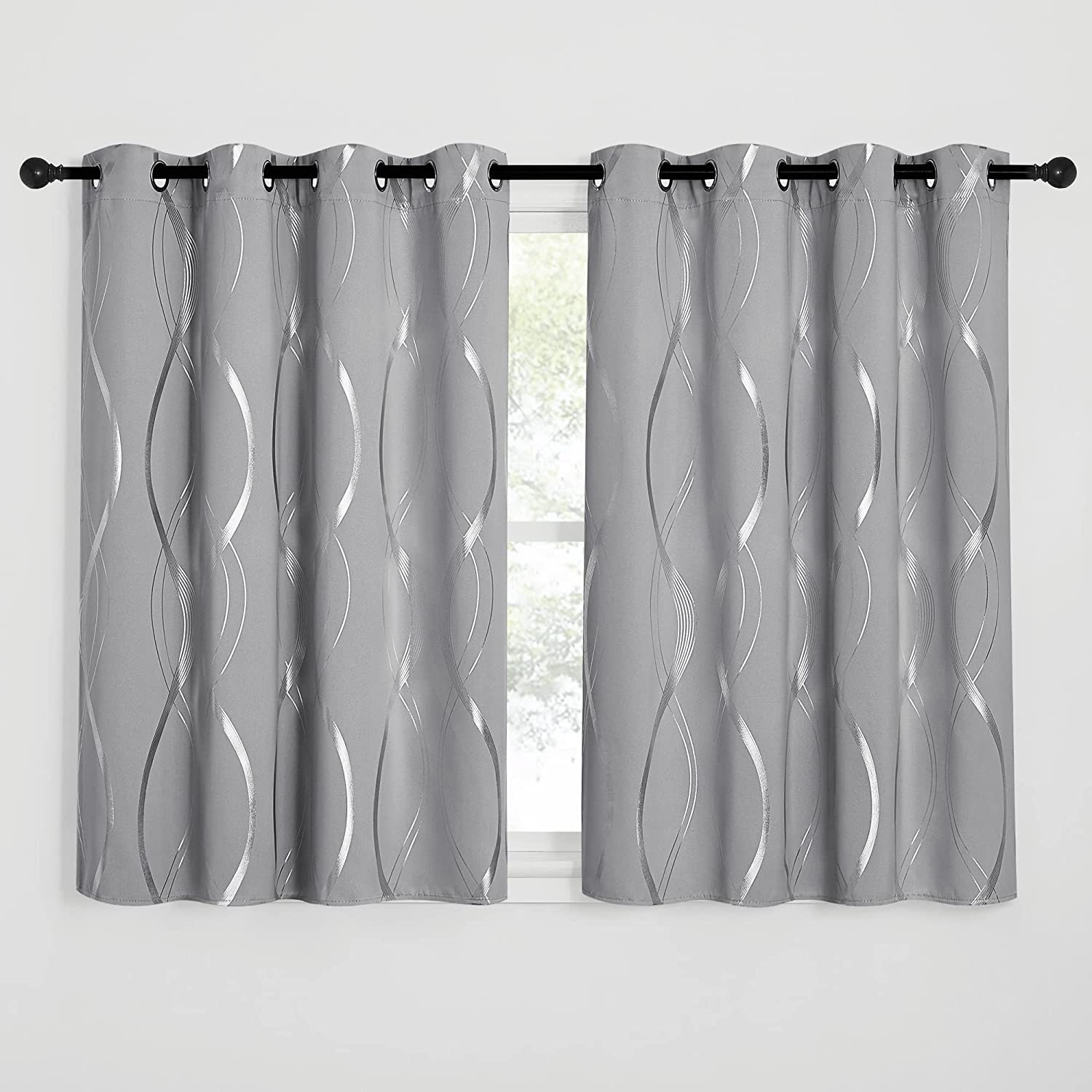 PONY DANCE Blackout Curtains for Window - Short Thermal Black out Curtains with Foil Printed Soundproof Privacy Protection Window Treatment Drapes for Living Room, 46 x 54 Inch, Silver Grey, 2 Panels — image 1