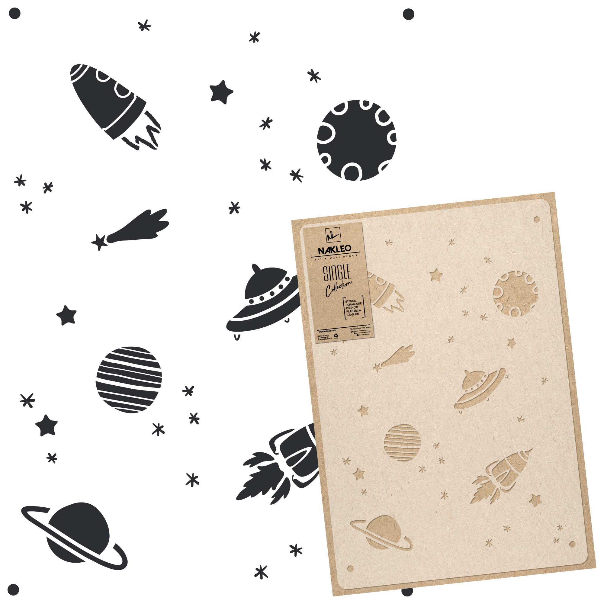 NAKLEO Large Wall Painting Stencil 43x64 cm, Space Cosmos Planet Moon Rocket UFO Pattern, Reusable Plastic Template, DIY Art and Craft Home Decor, Floor Wood Fabric Furniture